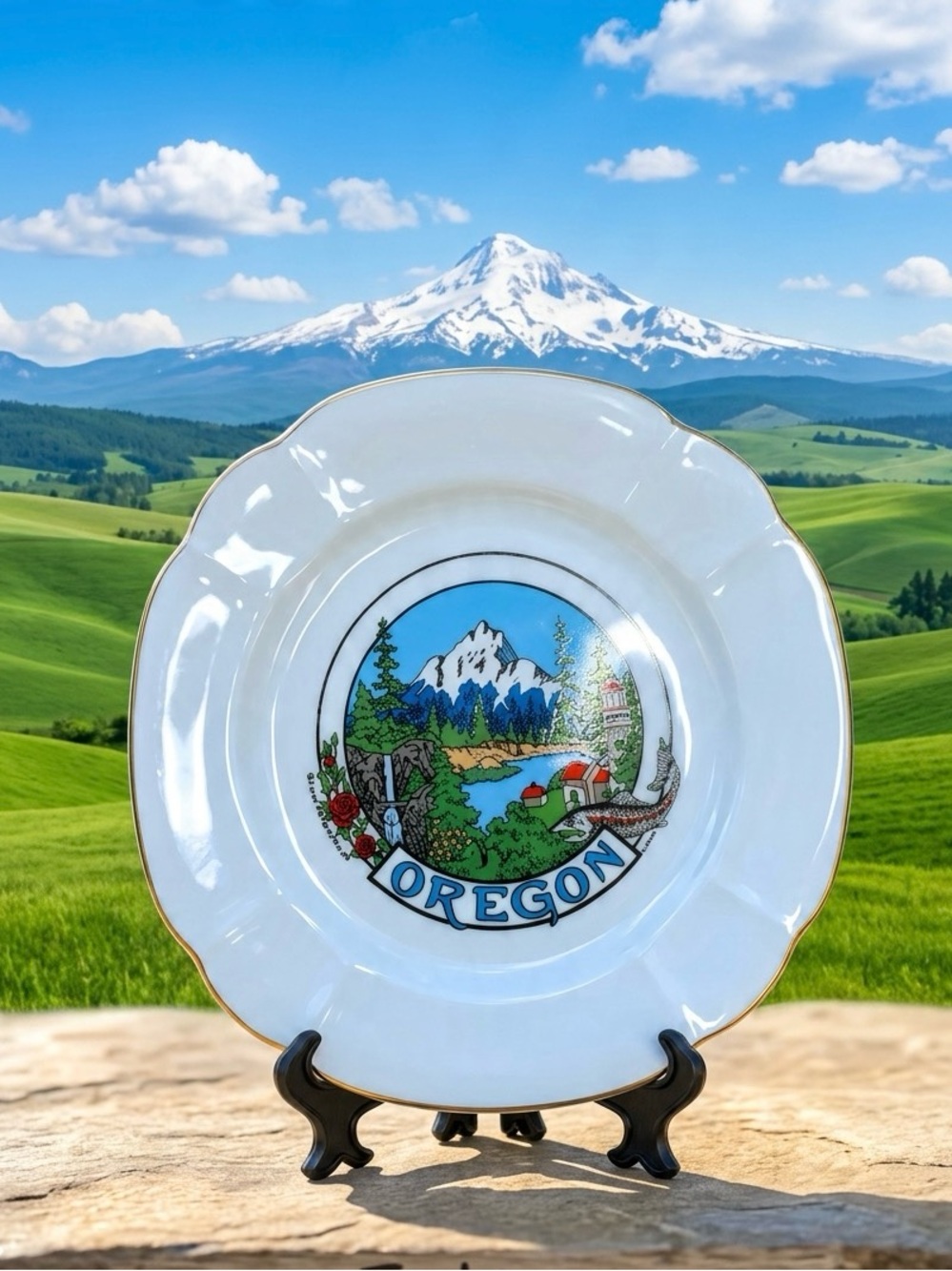 Vintage Oregon Stare Scenic Decorative Plate - White with Blue & Gold Accents